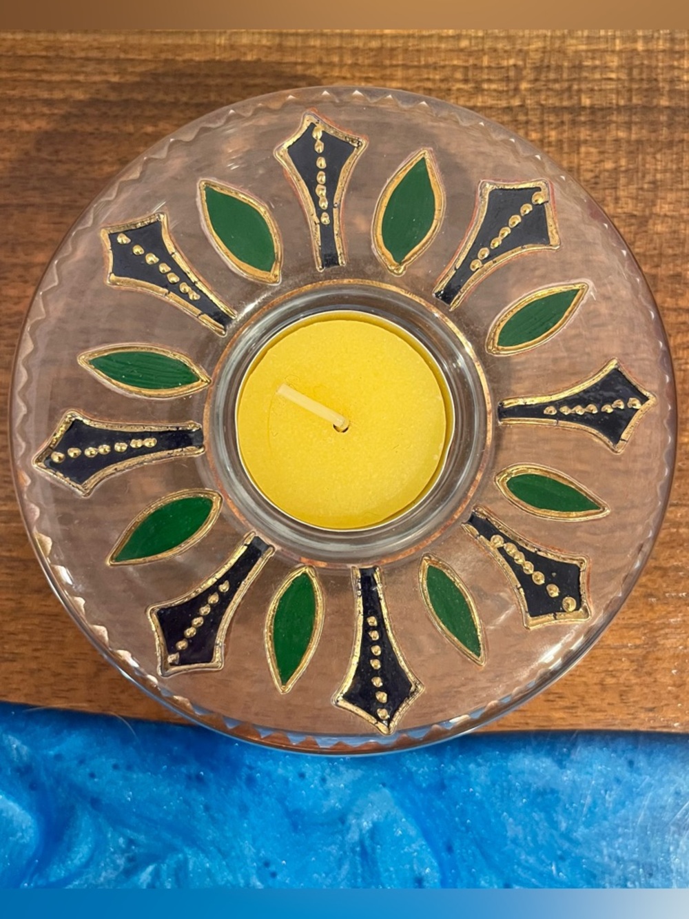 Mandala Style Glass Purple Green Gold Tealight Candle Holder